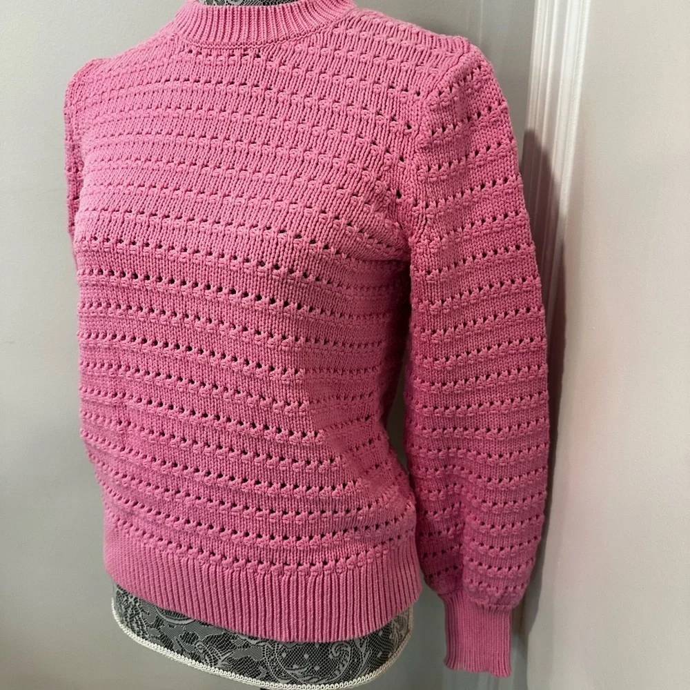 J.Crew Size S Balloon Sleeve Pointelle crochet Sweater Baby Pink Cotton Blend.